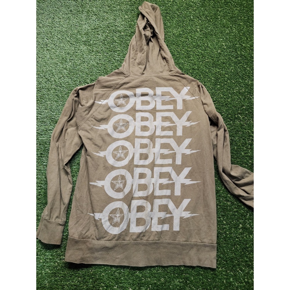 Obey Hoodie Mens Medium Tan Brown Full Zip Sweatshirt Jacket Large - Picture 5 of 5